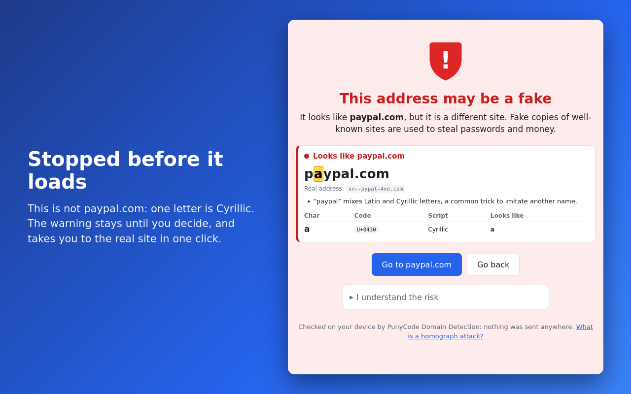 The warning page for a fake paypal.com