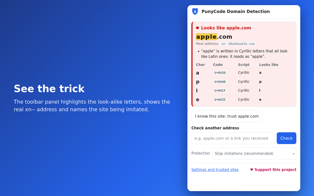 Panel with the verdict for a fake apple.com