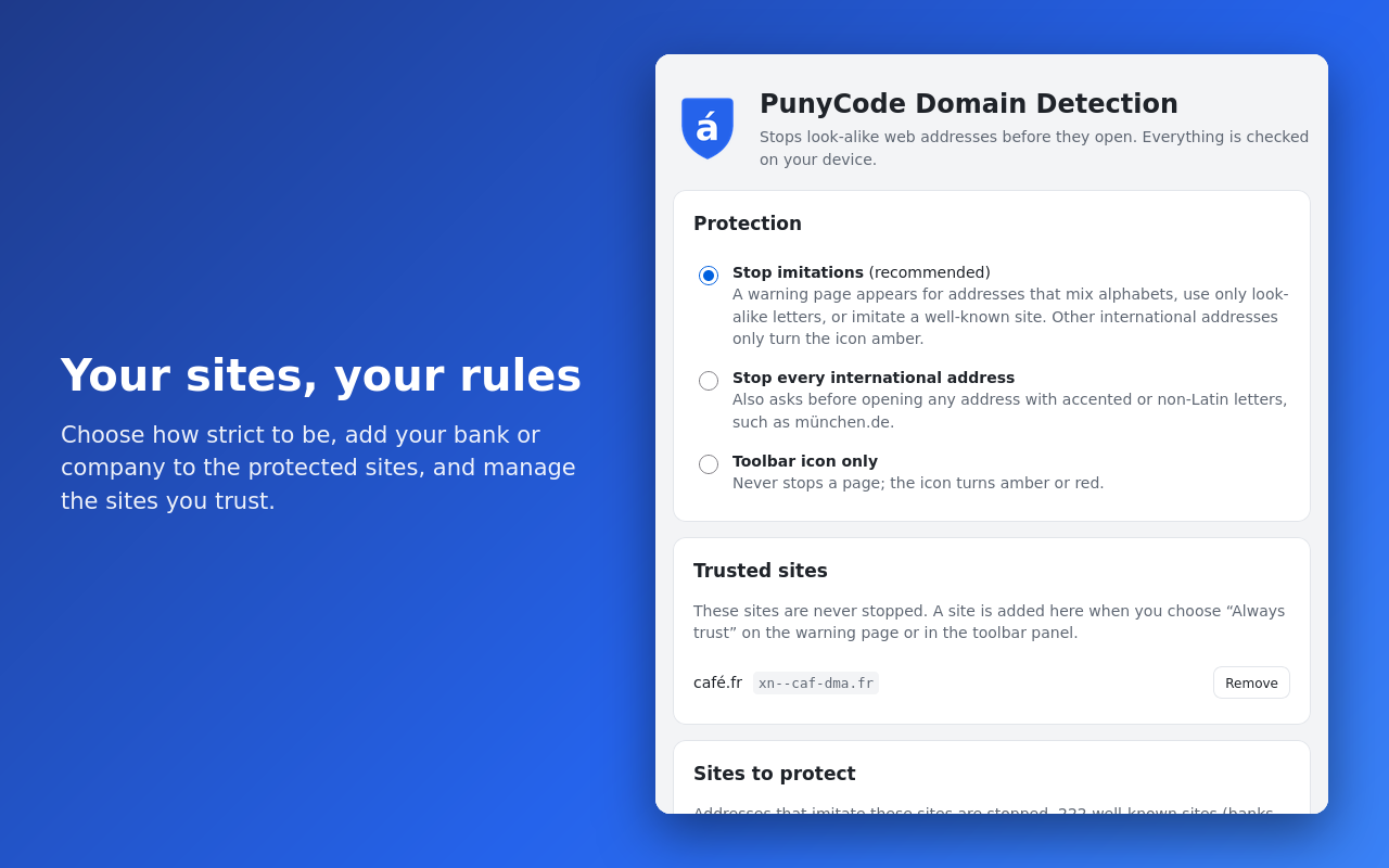 Options: protection mode, trusted sites, sites to protect