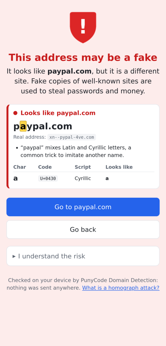 Warning page on a phone